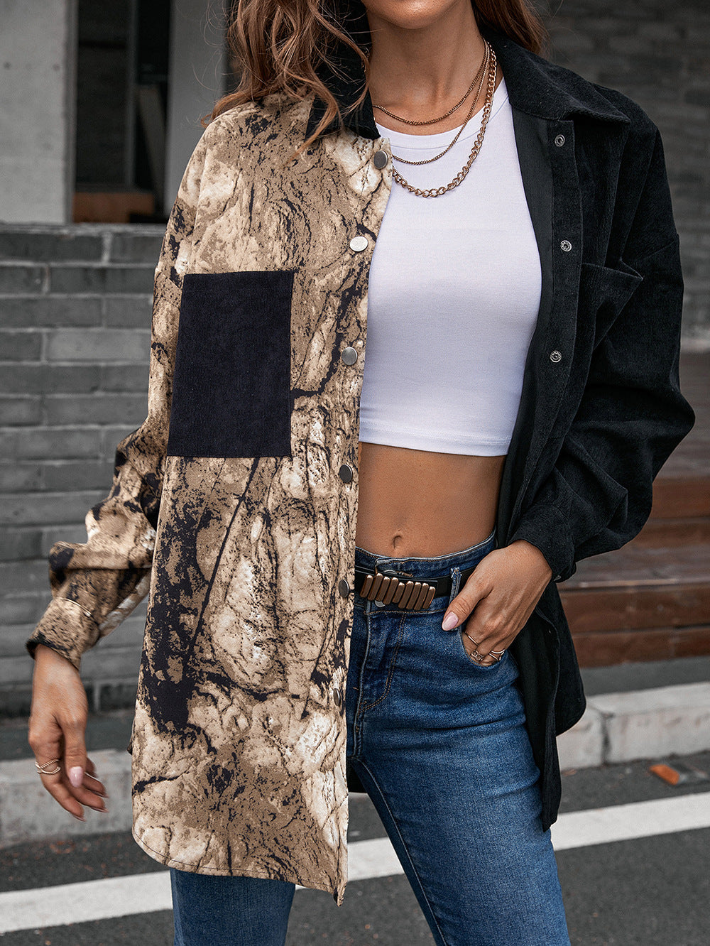 Collared Neck Contrast Color Dropped Shoulder Shirt  - Doll Fits