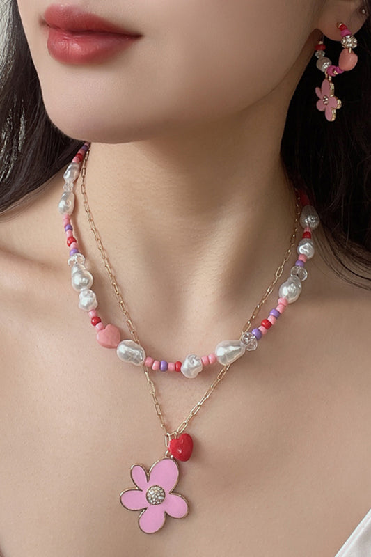 Flower and Heart Pendant Layered Necklace  Necklaces- Doll Fits