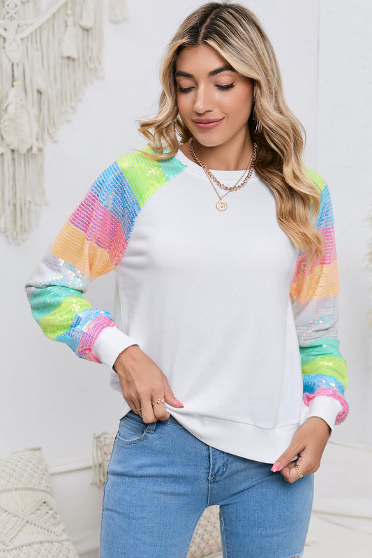 Round Neck Color Block Glitter Sleeve Sweatshirt  - Doll Fits