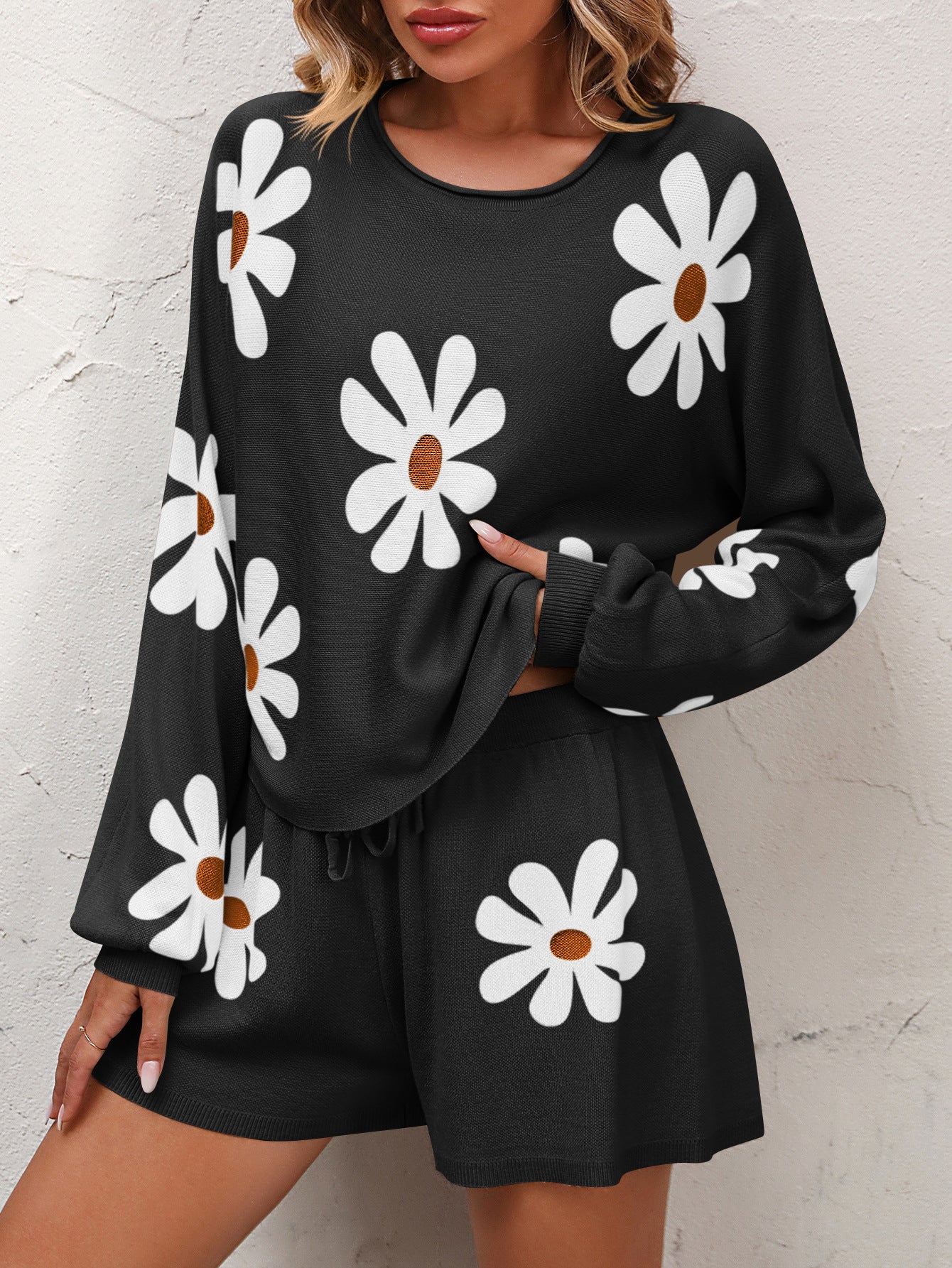 Floral Print Raglan Sleeve Knit Top and Tie Front Sweater Shorts Set  Outfit Sets- Doll Fits