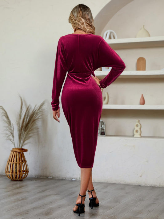 V-Neck Long Sleeve Tulip Hem Dress  Dresses- Doll Fits