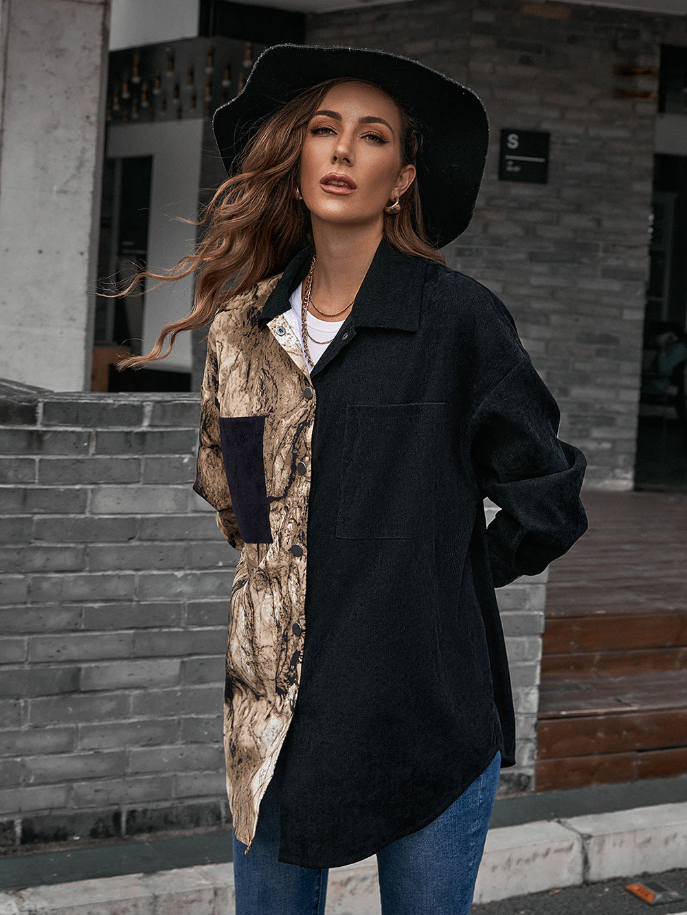 Collared Neck Contrast Color Dropped Shoulder Shirt  - Doll Fits