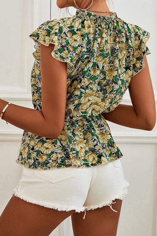Floral Mock Neck Flutter Sleeve Peplum Top  Shirts & Tops- Doll Fits