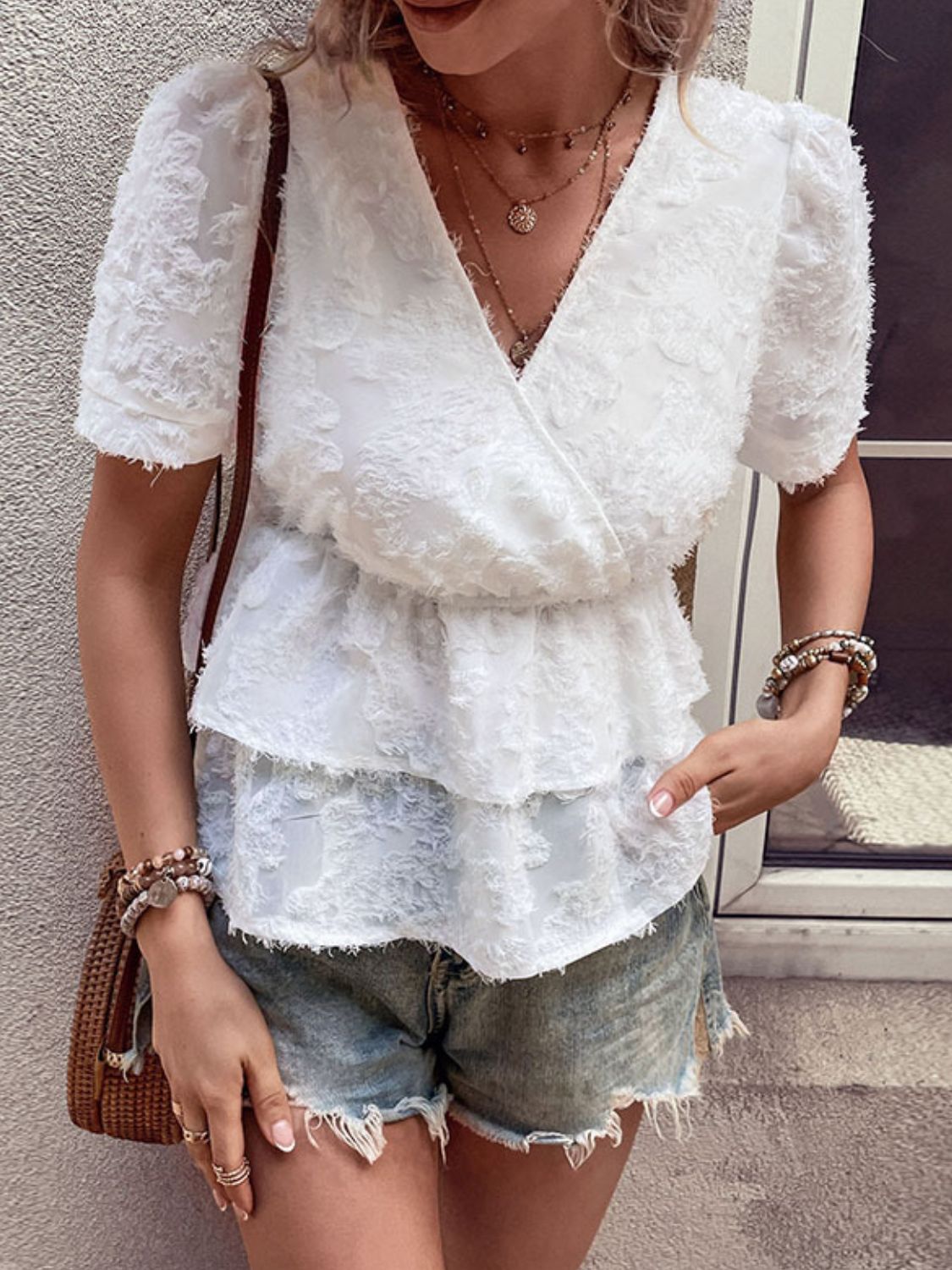 Surplice Neck Layered Peplum Top  Shirts & Tops- Doll Fits