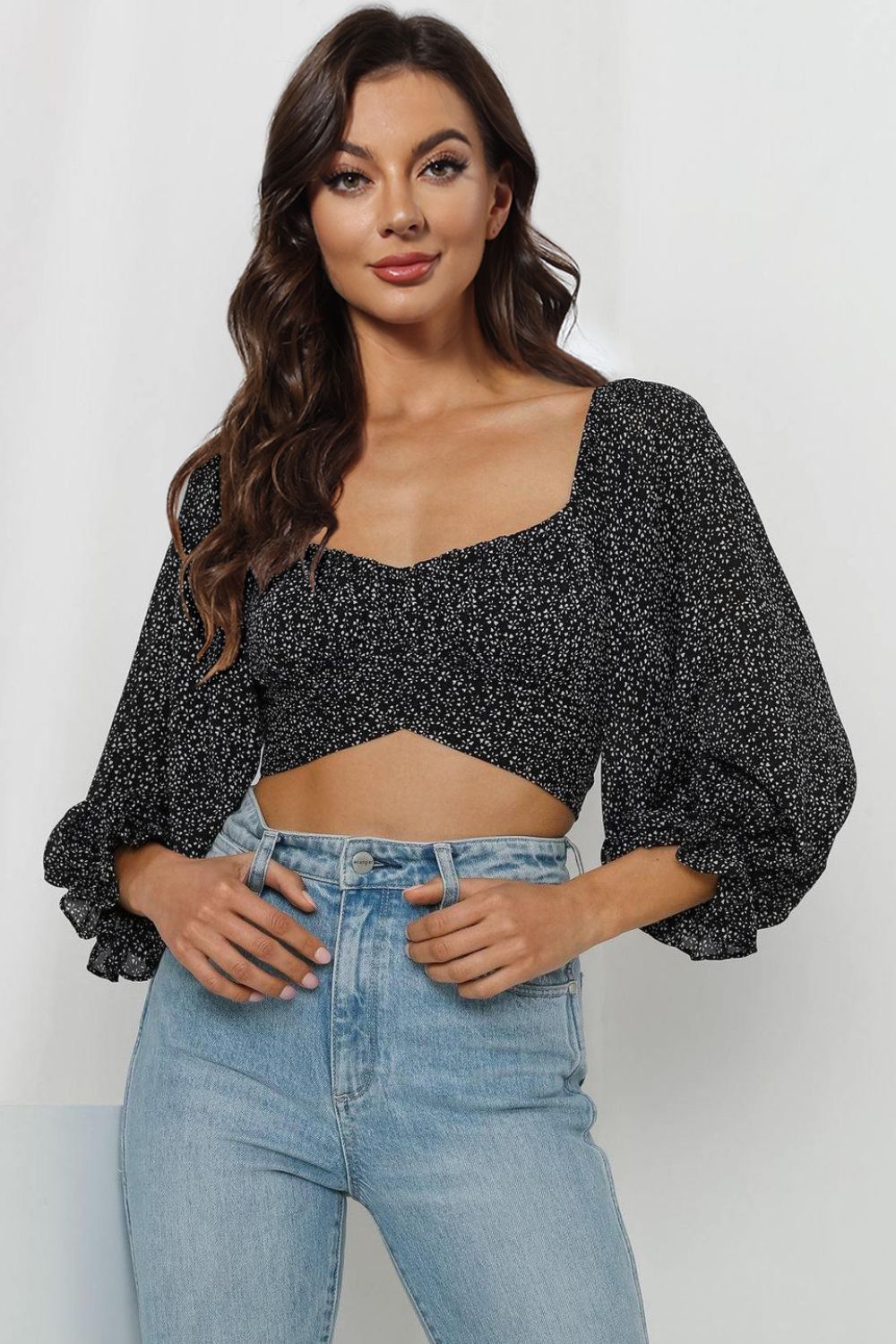 Printed Long Flounce Sleeve Cropped Blouse  Shirts & Tops- Doll Fits