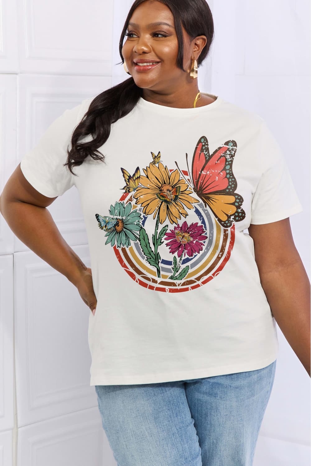 Simply Love Full Size Flower & Butterfly Graphic Cotton Tee  Shirts & Tops- Doll Fits