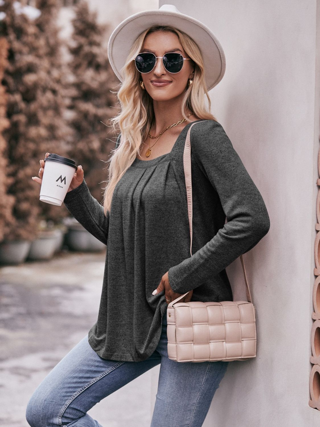 Pleated Detail Curved Hem Long Sleeve Top  Shirts & Tops- Doll Fits