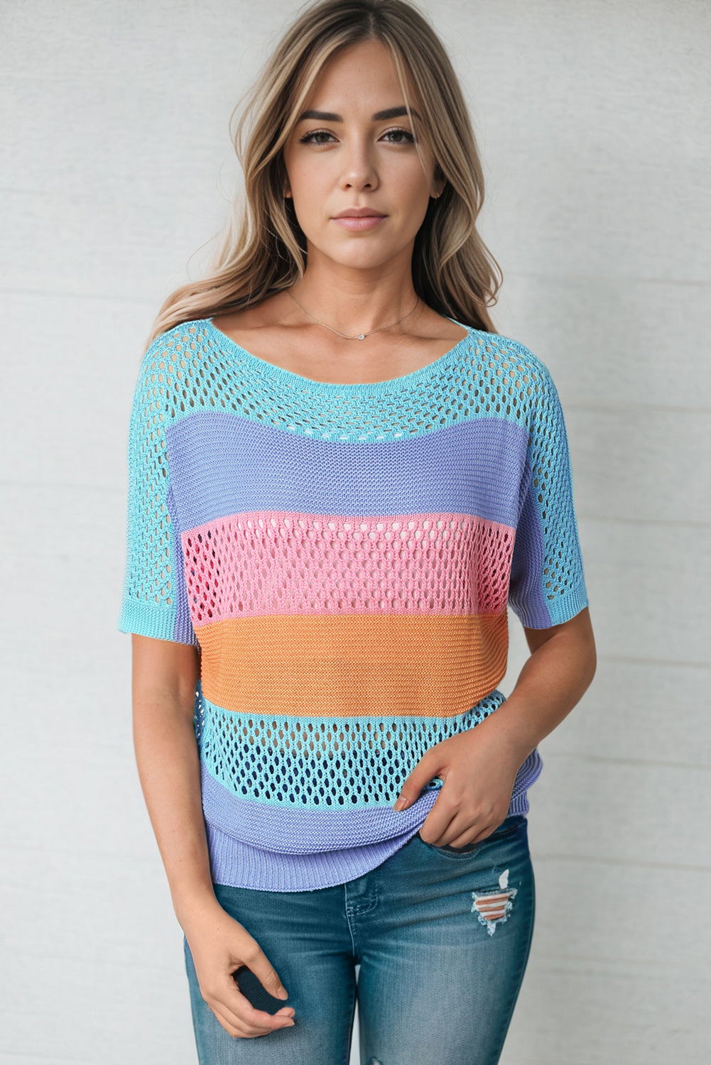 Color Block Openwork Round Neck Pullover Sweater  Shirts & Tops- Doll Fits