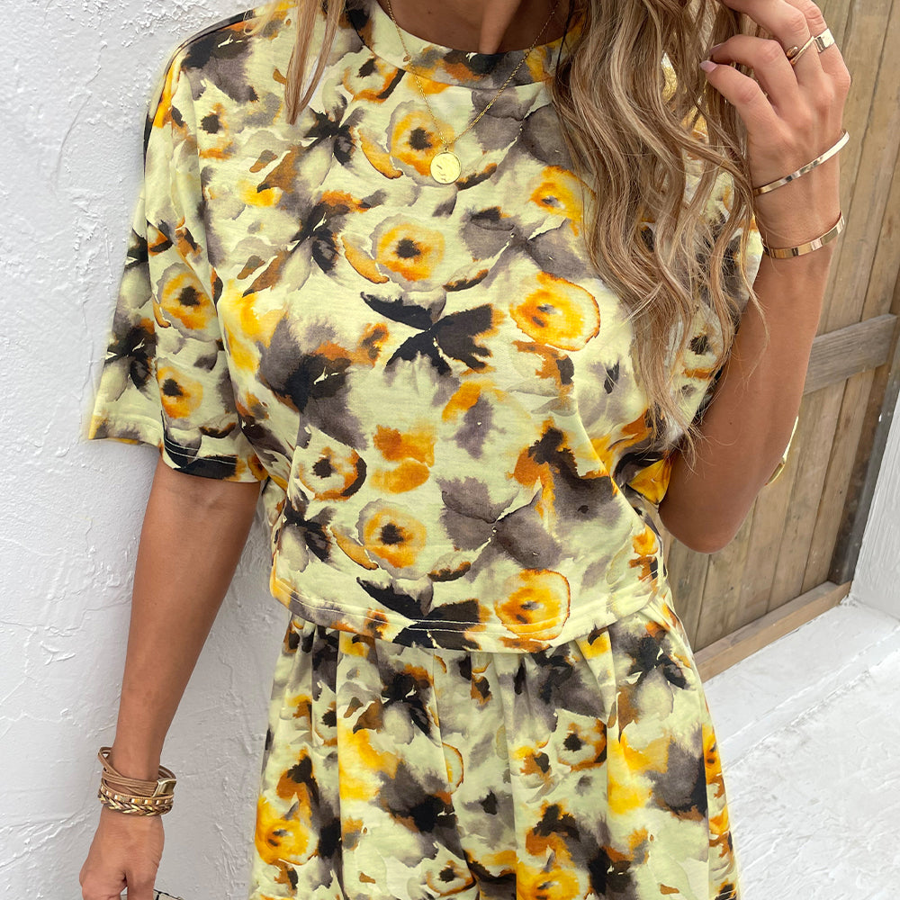Printed Round Neck Dropped Shoulder Half Sleeve Top and Shorts Set  Outfit Sets- Doll Fits