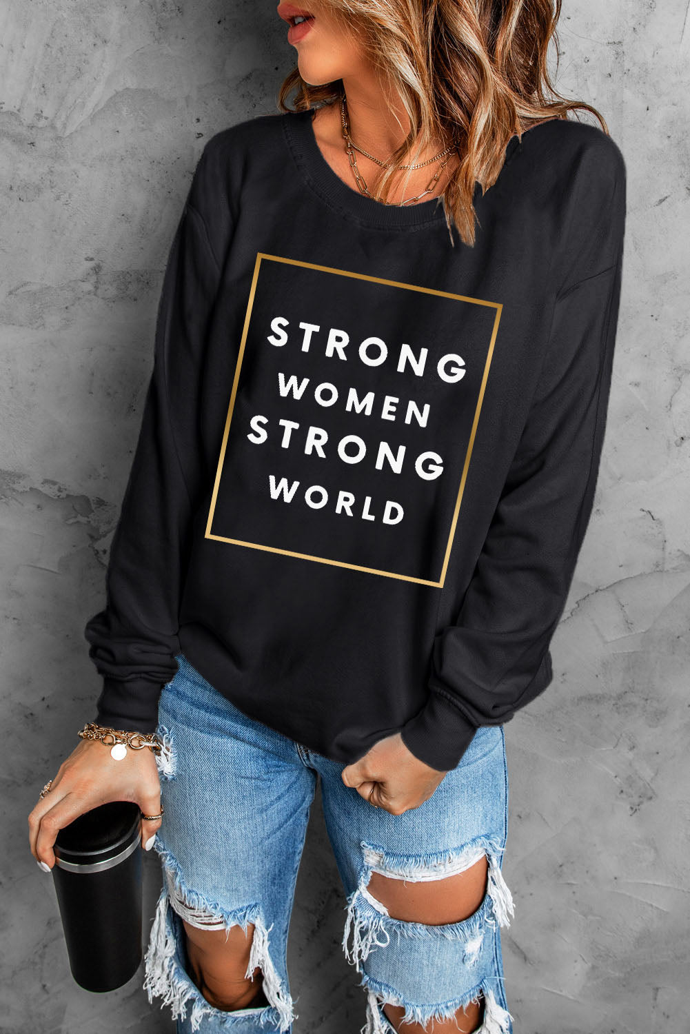 STRONG WOMEN STRONG WORLD Graphic Drop Shoulder Sweatshirt  Shirts & Tops- Doll Fits