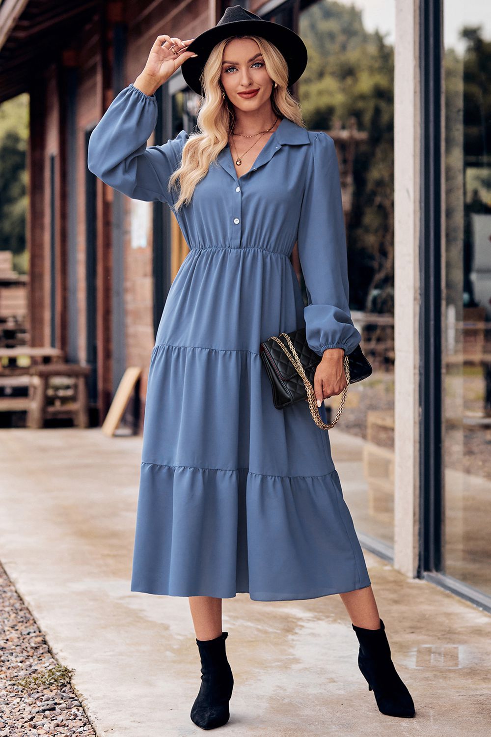Collared Neck Long Sleeve Midi Dress  Dresses- Doll Fits
