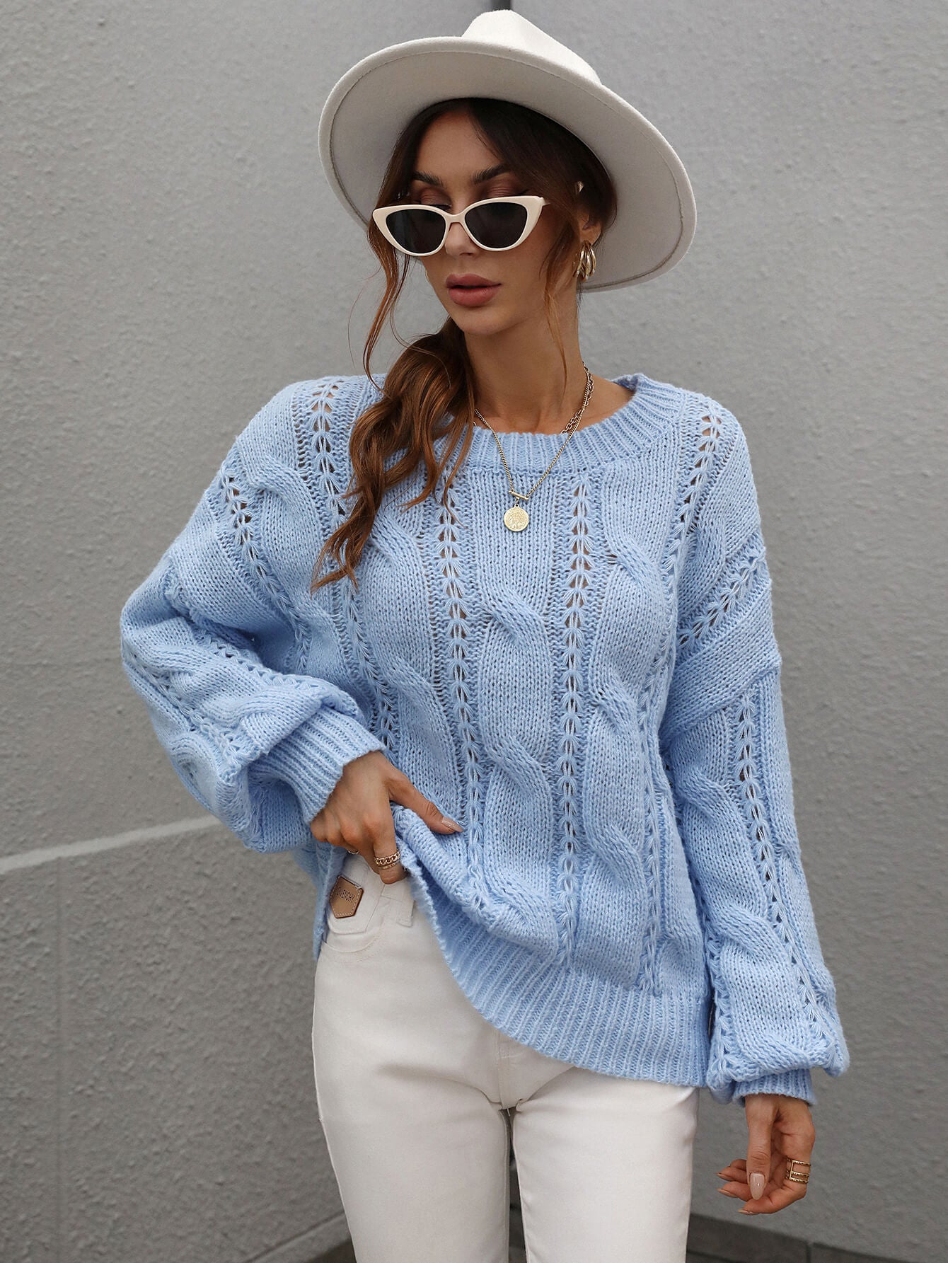 Cable-Knit Openwork Round Neck Sweater  Shirts & Tops- Doll Fits