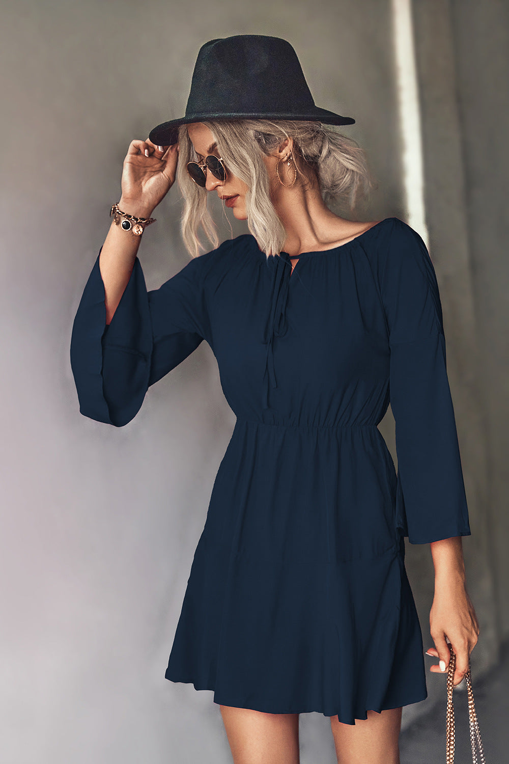 Tie Neck Flare Sleeve Mini Dress  Dresses- Doll Fits