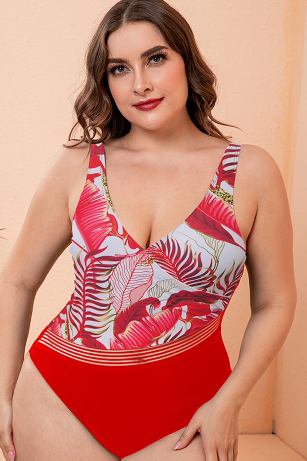 Full Size Two-Tone Plunge One-Piece Swimsuit  Swimwear- Doll Fits