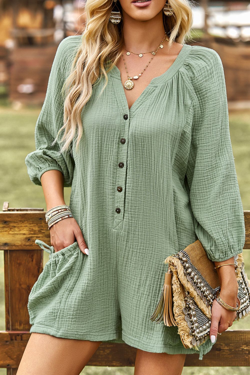 Textured Notched Neck Romper with Pockets  Jumpsuits & Rompers- Doll Fits
