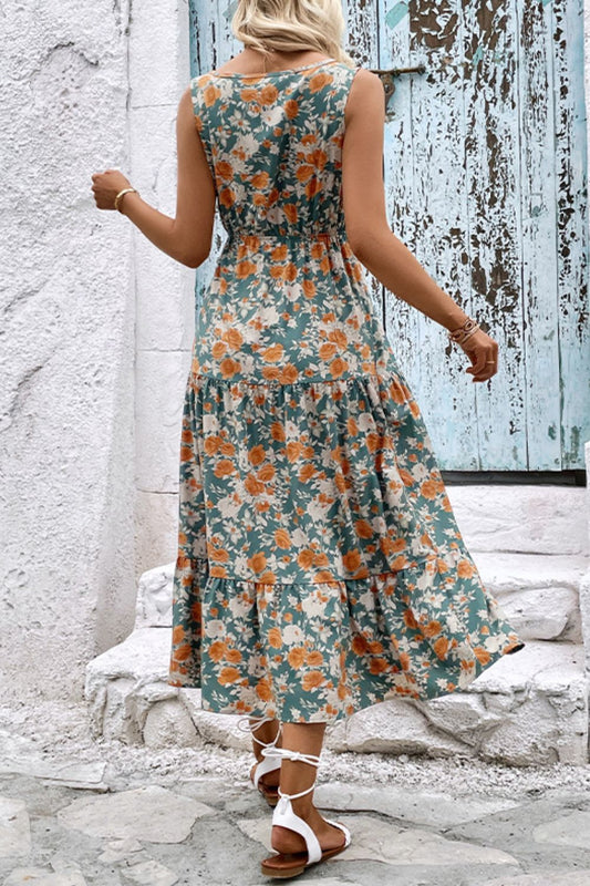 Floral V-Neck Tiered Sleeveless Dress  Dresses- Doll Fits