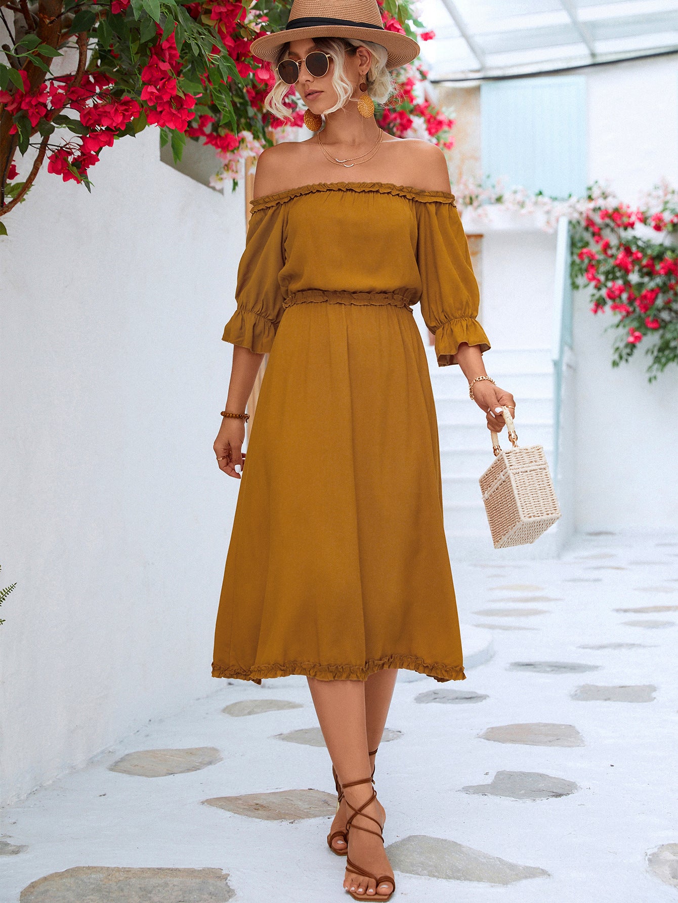 Frilled Off-Shoulder Flounce Sleeve Dress  Dresses- Doll Fits