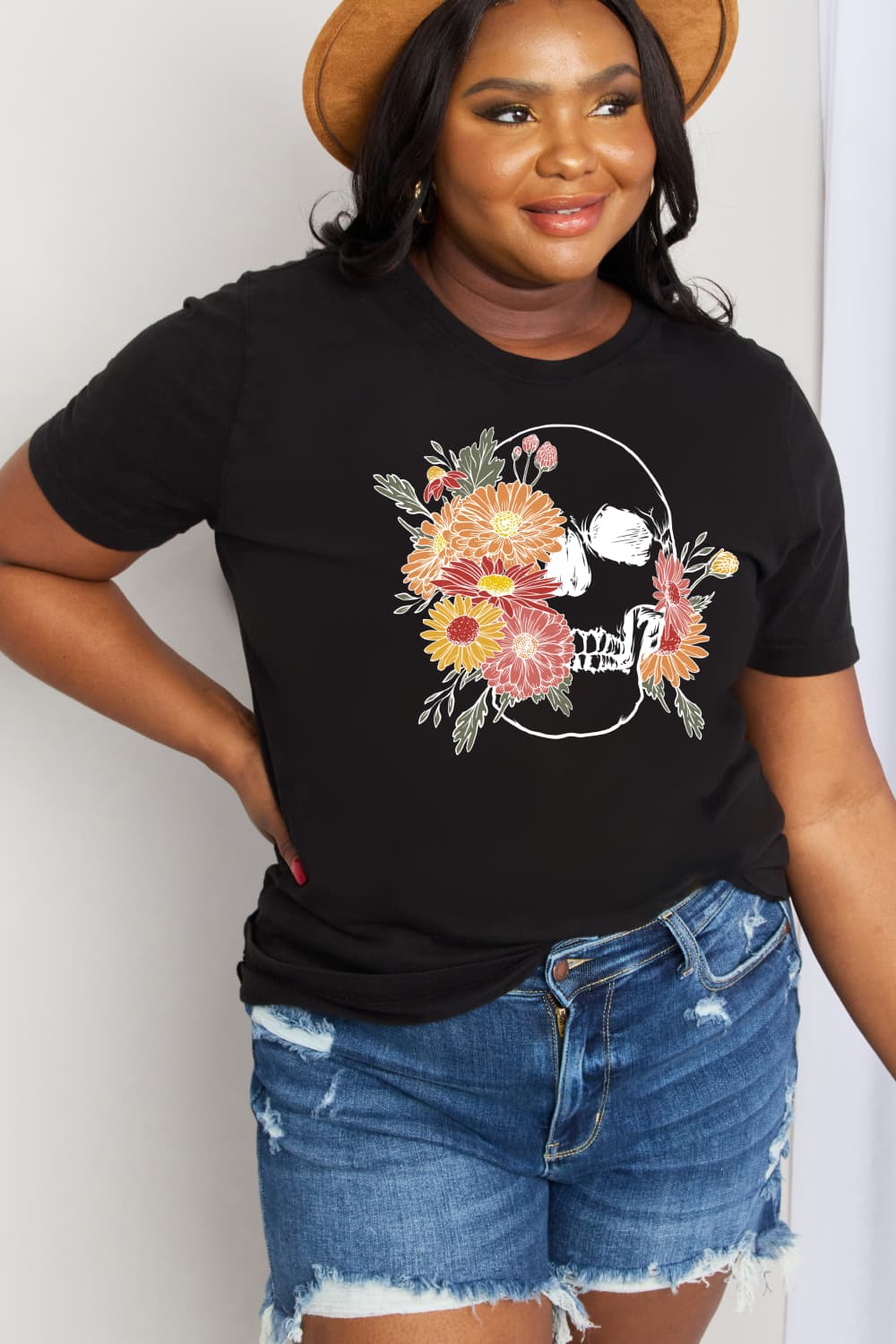 Simply Love Full Size Flower Skull Graphic Cotton Tee  Shirts & Tops- Doll Fits