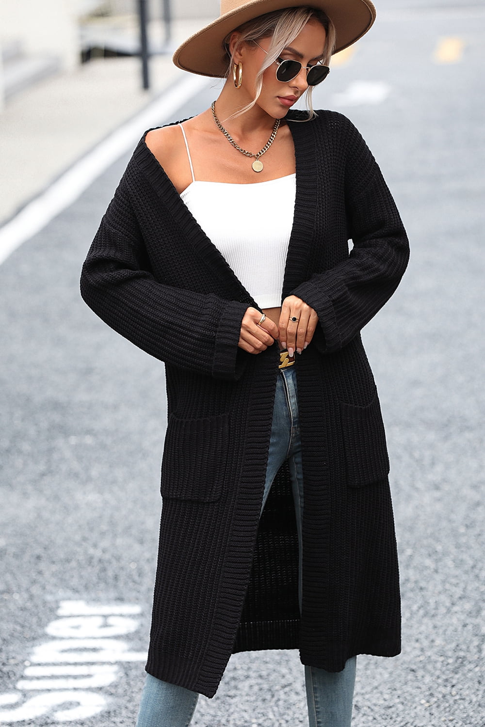Dropped Shoulder Long Sleeve Cardigan with Pocket  - Doll Fits