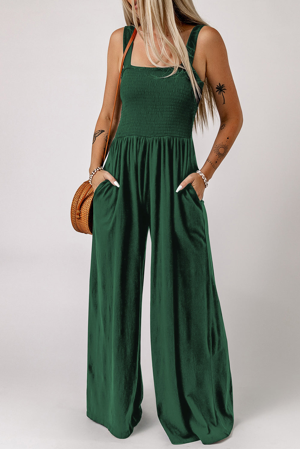 Smocked Square Neck Wide Leg Jumpsuit with Pockets  Jumpsuits & Rompers- Doll Fits