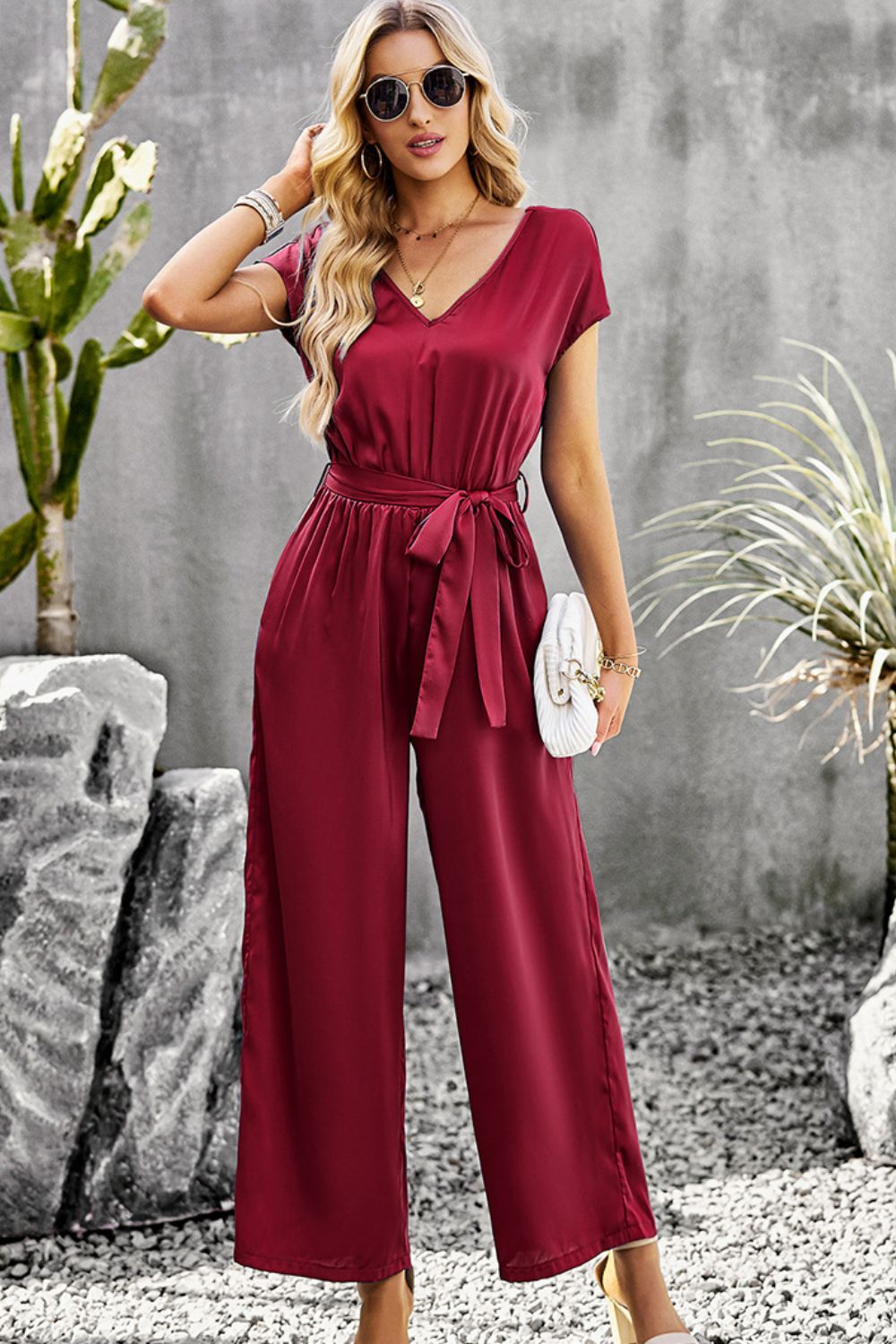 Tie Belt V-Neck Short Sleeve Jumpsuit  Jumpsuits & Rompers- Doll Fits