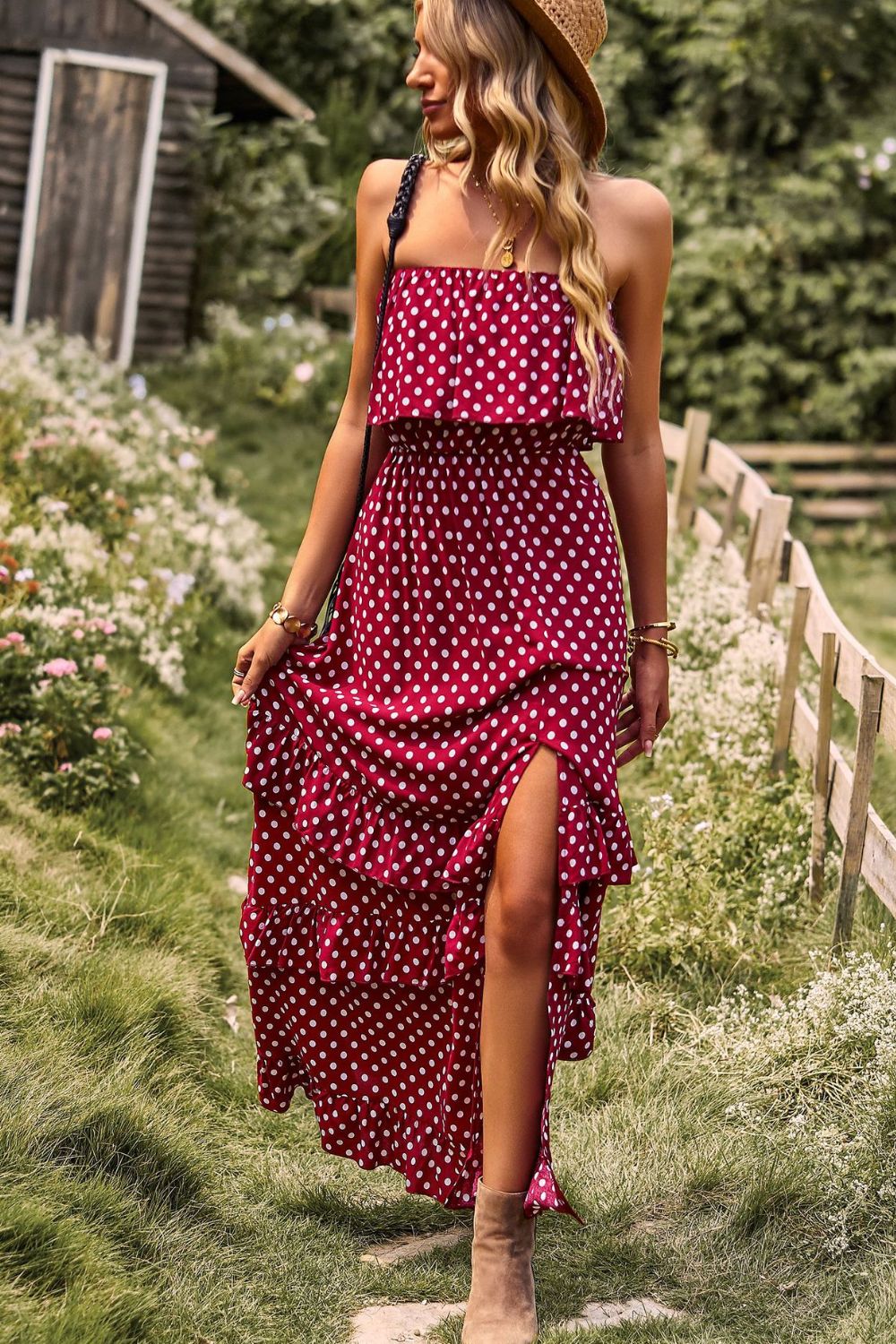 Polka Dot Strapless Slit Ruffled Maxi Dress  Dresses- Doll Fits