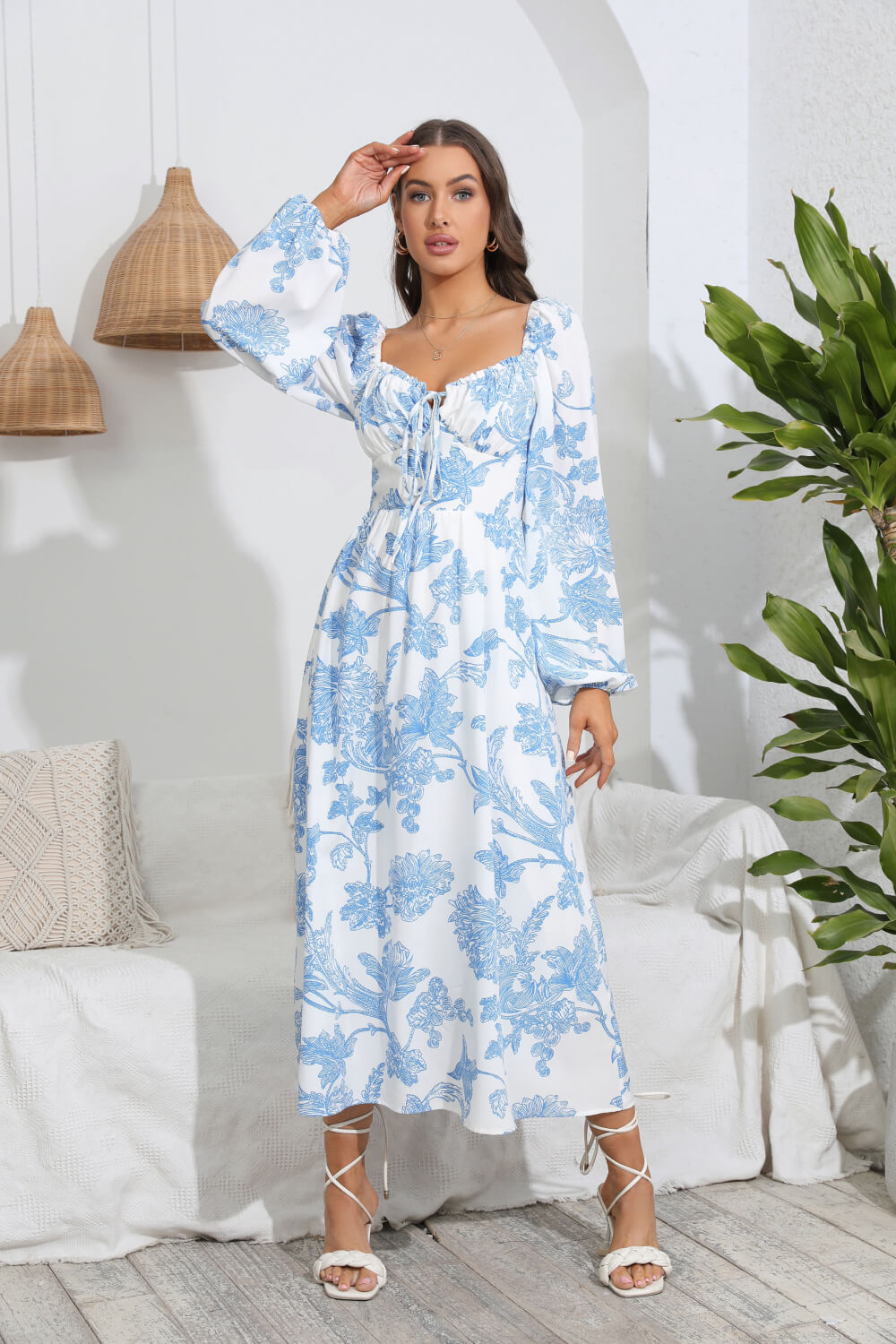 Floral Tie Front Sweetheart Neck Midi Dress  Dresses- Doll Fits