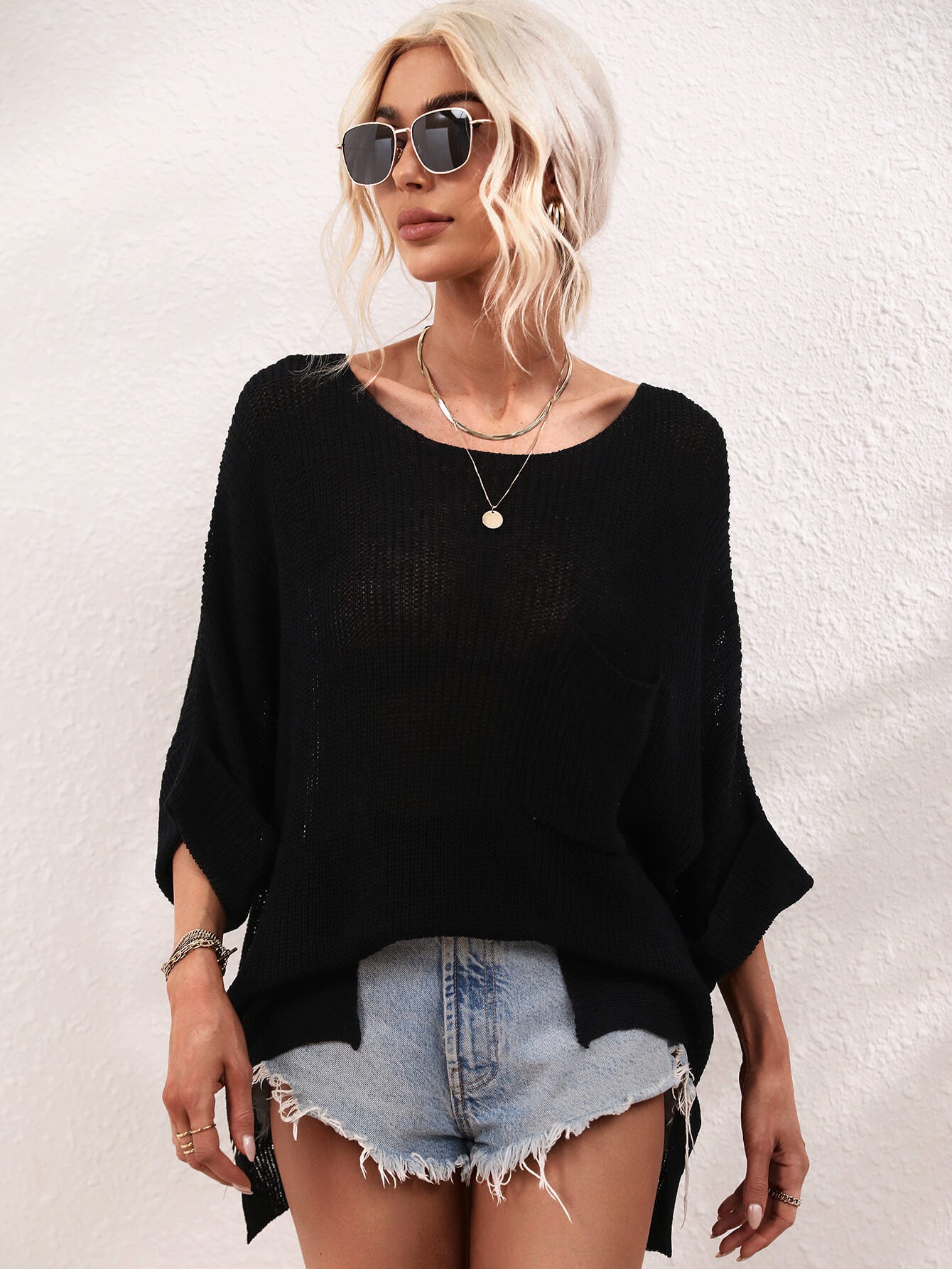 Boat Neck Cuffed Sleeve Slit Tunic Knit Top  Shirts & Tops- Doll Fits