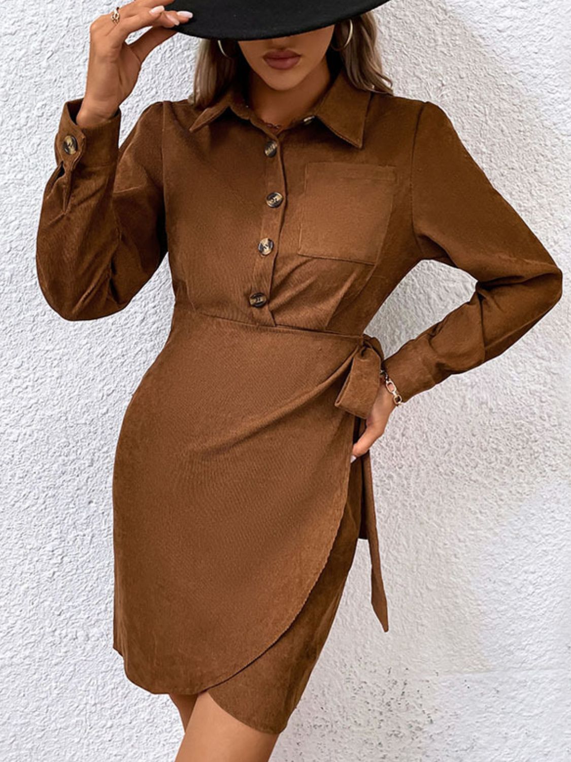 Button-Down Collared Neck Long Sleeve Side Tie Dress  Dresses- Doll Fits