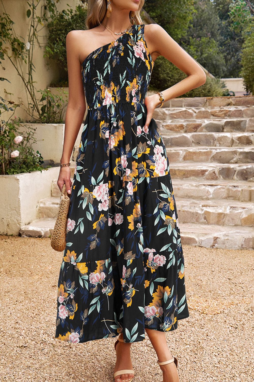 Floral One-Shoulder Sleeveless Dress with Pockets  Dresses- Doll Fits
