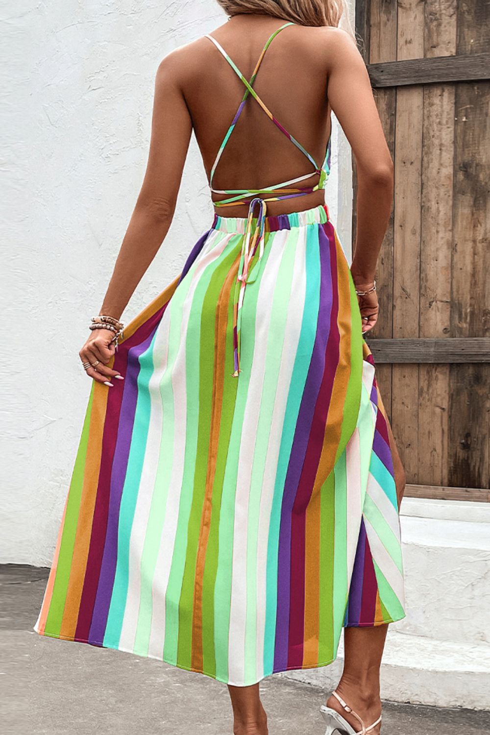 Multicolored Stripe Crisscross Backless Dress  Dresses- Doll Fits