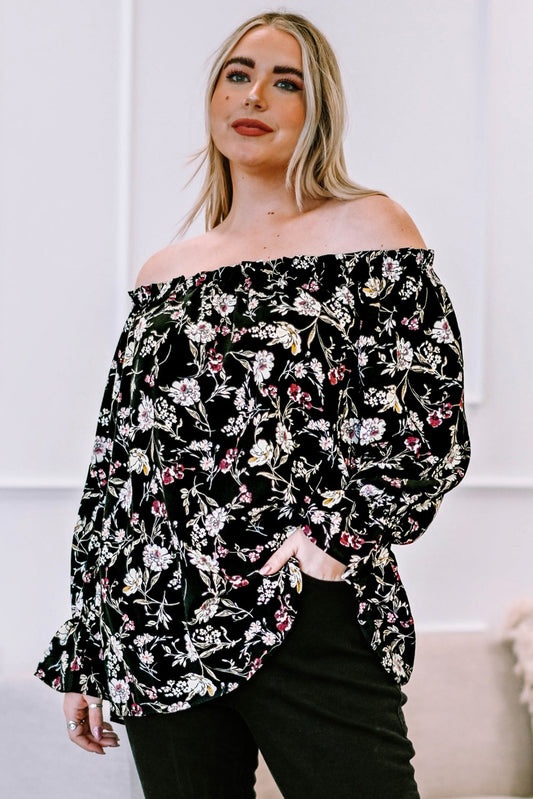 Plus Size Floral Frilled Off-Shoulder Blouse  Shirts & Tops- Doll Fits