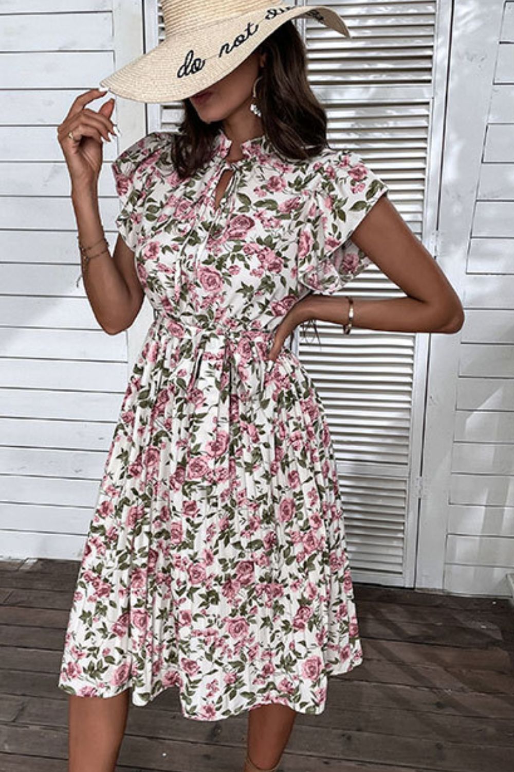 Floral Tie-Neck Flutter Sleeve Midi Dress  Dresses- Doll Fits