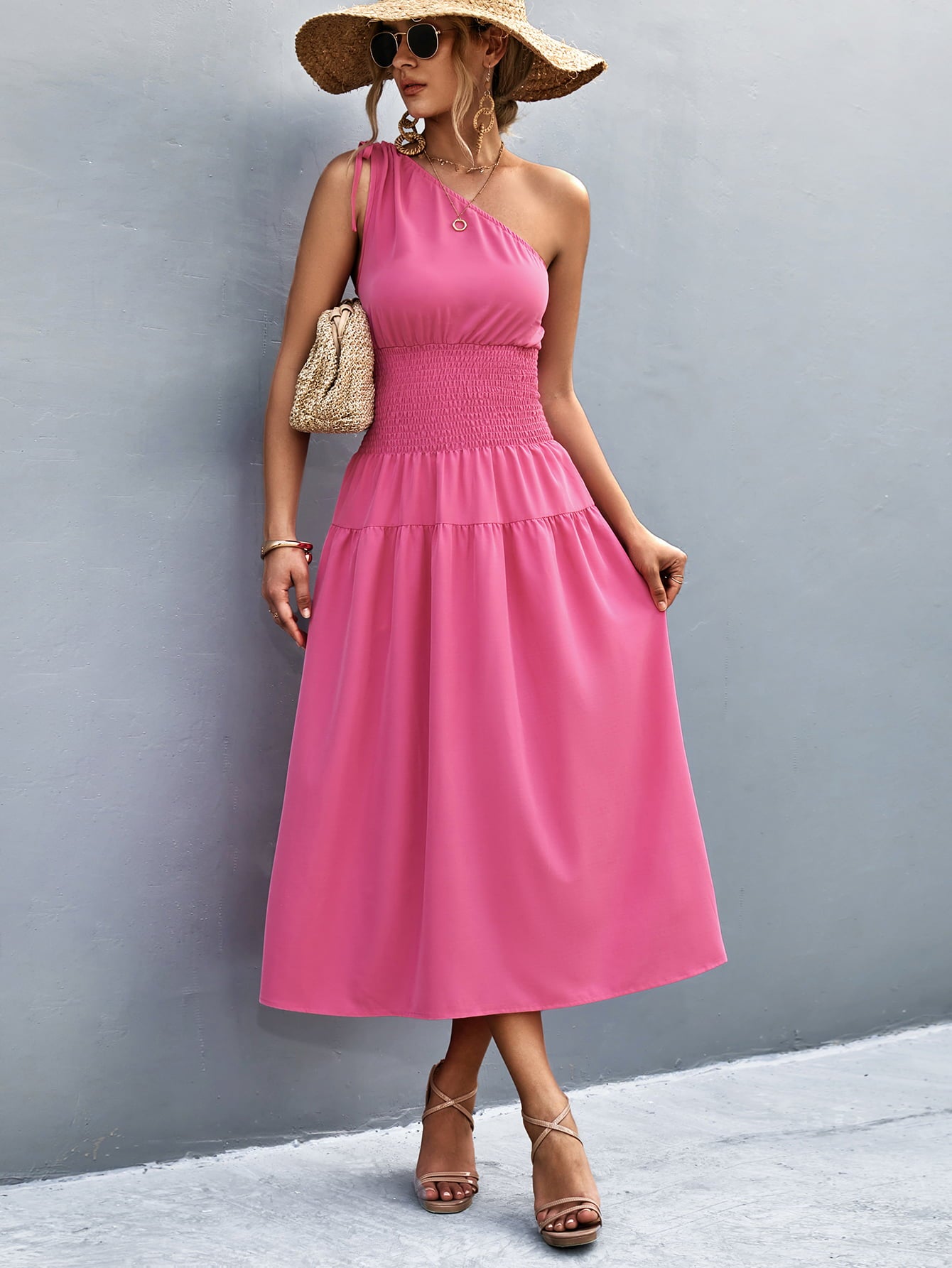 Asymmetrical One Shoulder Smocked Waist Midi Dress  Dresses- Doll Fits