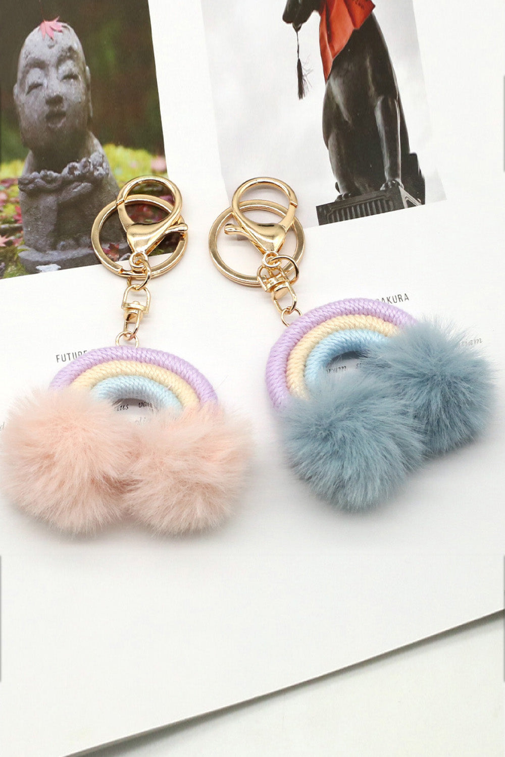 Assorted 4-Pack Rainbow Pom Pom Keychain  Keychains- Doll Fits