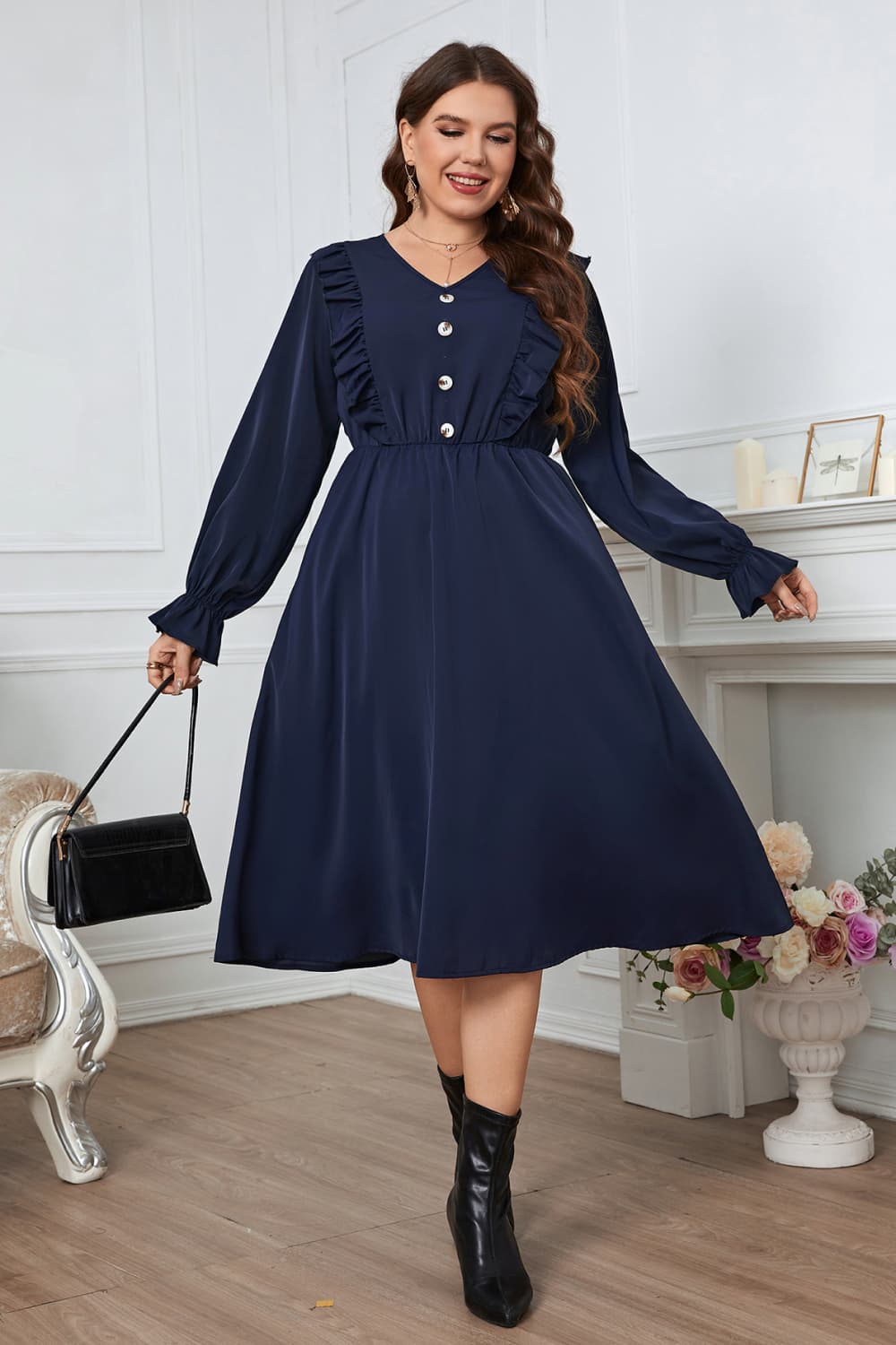 Melo Apparel Plus Size V-Neck Buttoned Flounce Sleeve Dress  Dresses- Doll Fits