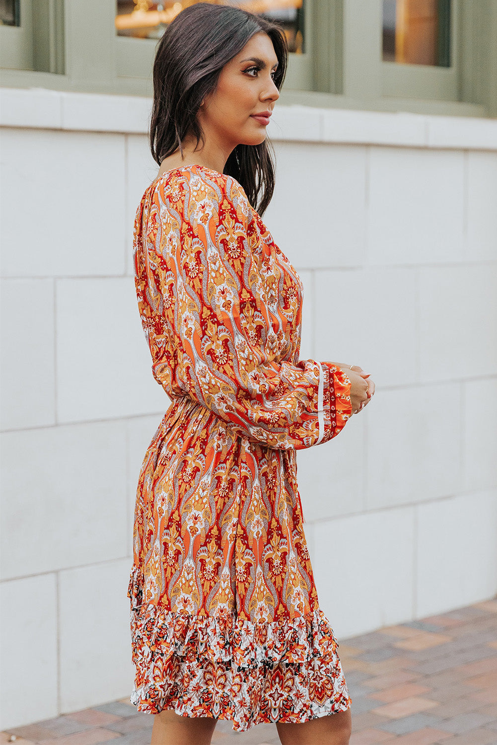 Printed Balloon Sleeve Tassel Tie Dress  Dresses- Doll Fits