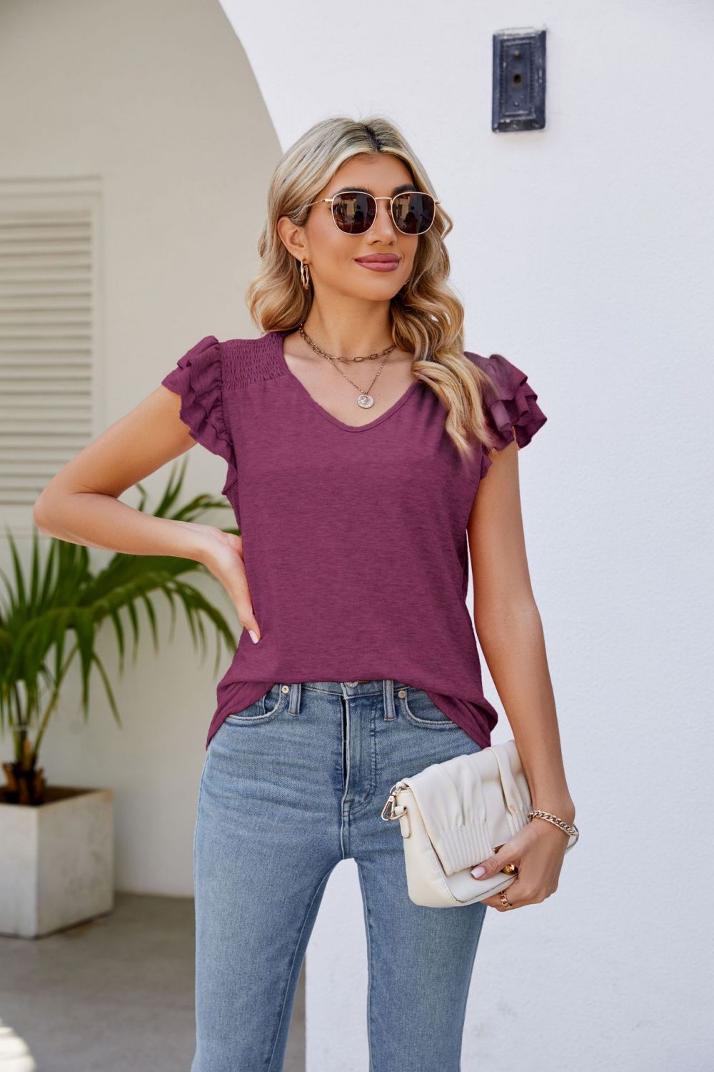 Smocked Flutter Sleeve V-Neck Top  Shirts & Tops- Doll Fits