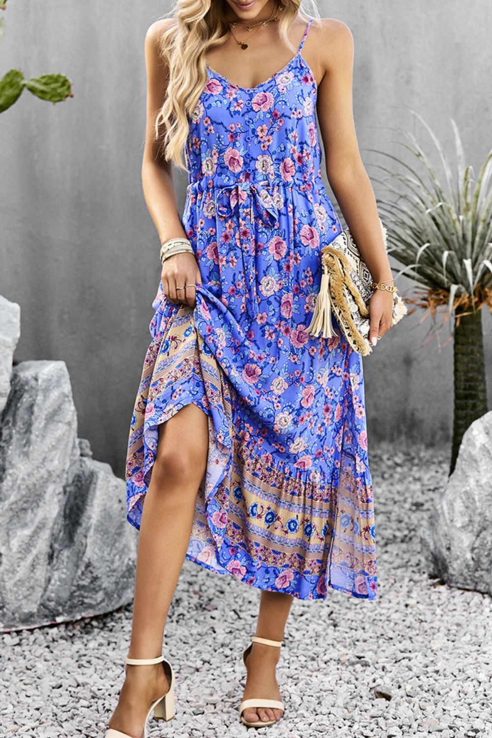 Bohemian Spaghetti Strap Drawstring Slit Dress  Dresses- Doll Fits