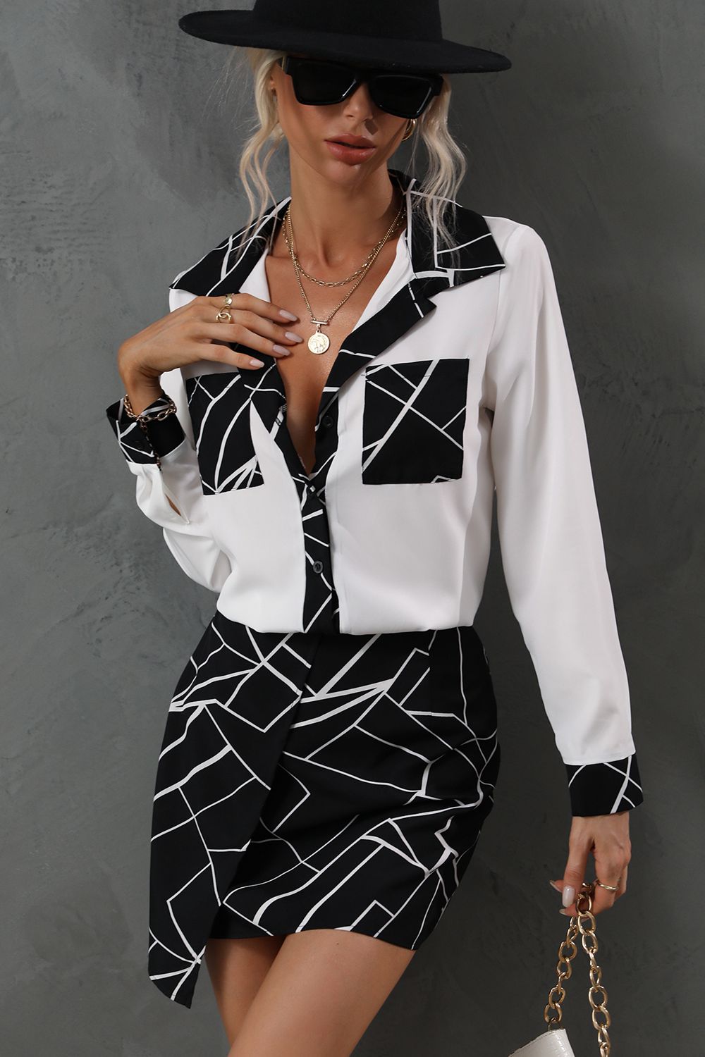 Printed Collared Neck Long Sleeve Shirt  - Doll Fits