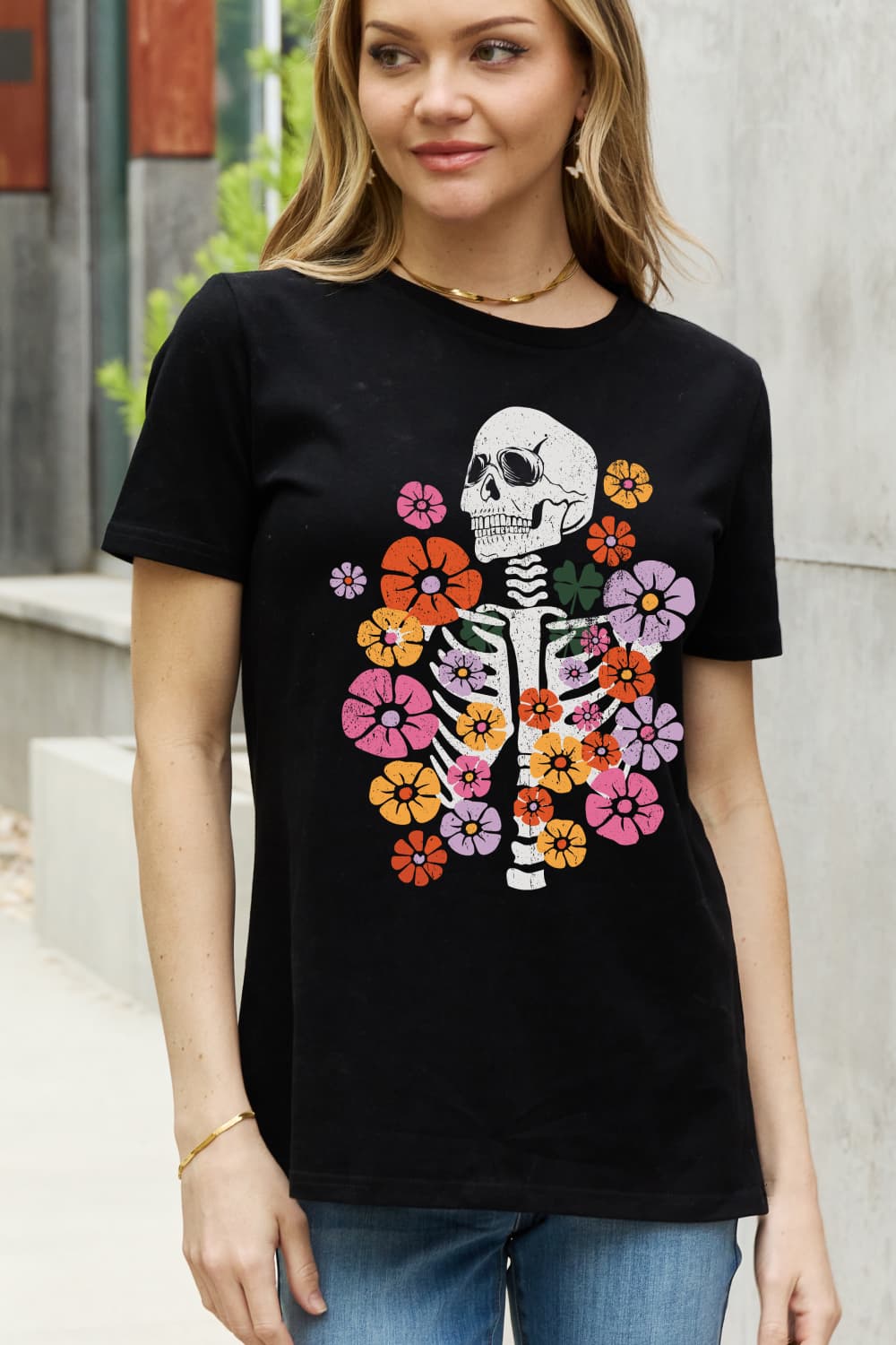 Simply Love Simply Love Full Size Skeleton & Flower Graphic Cotton Tee  - Doll Fits