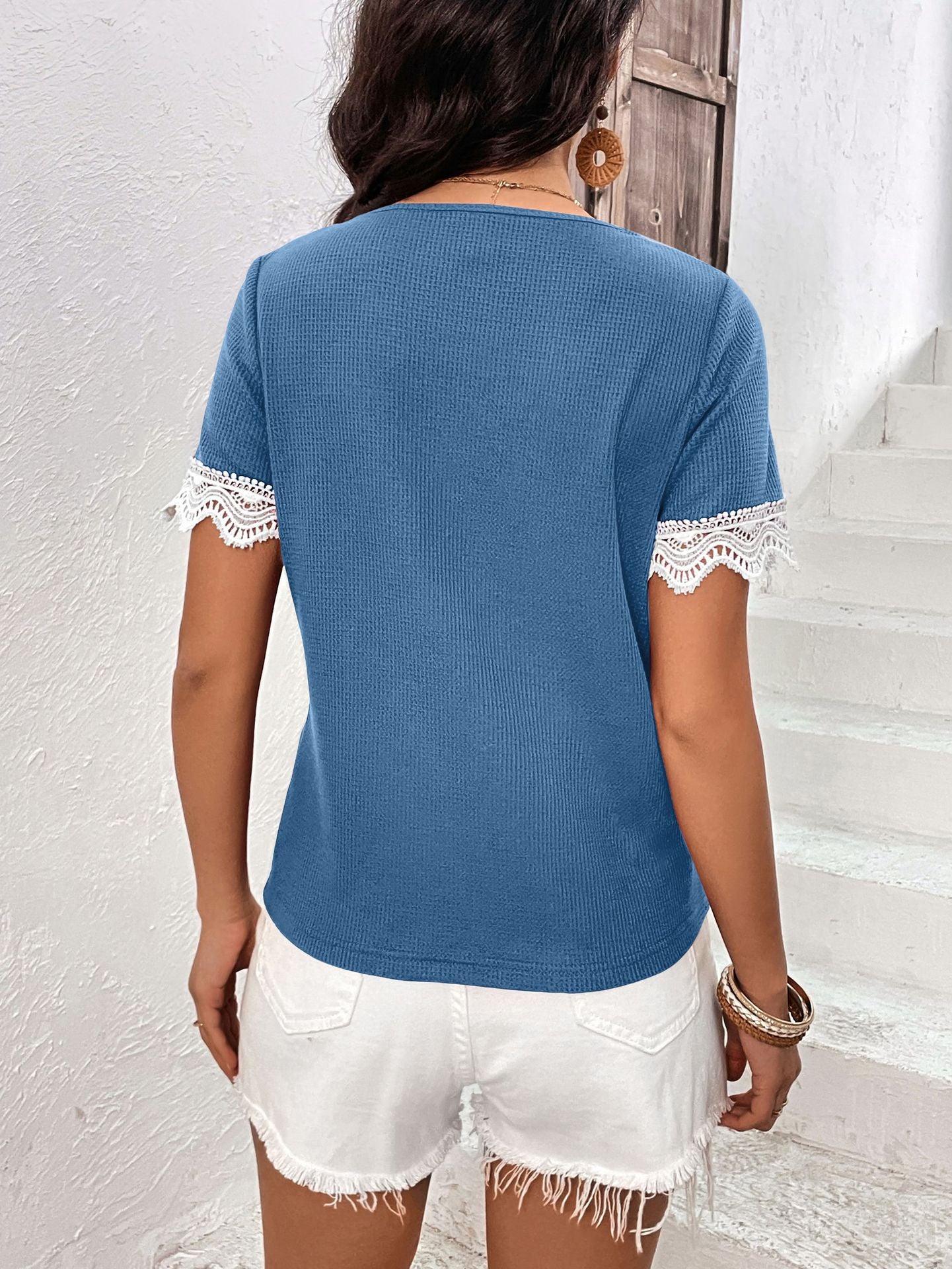 Decorative Button Spliced Lace Short Sleeve Top  Shirts & Tops- Doll Fits