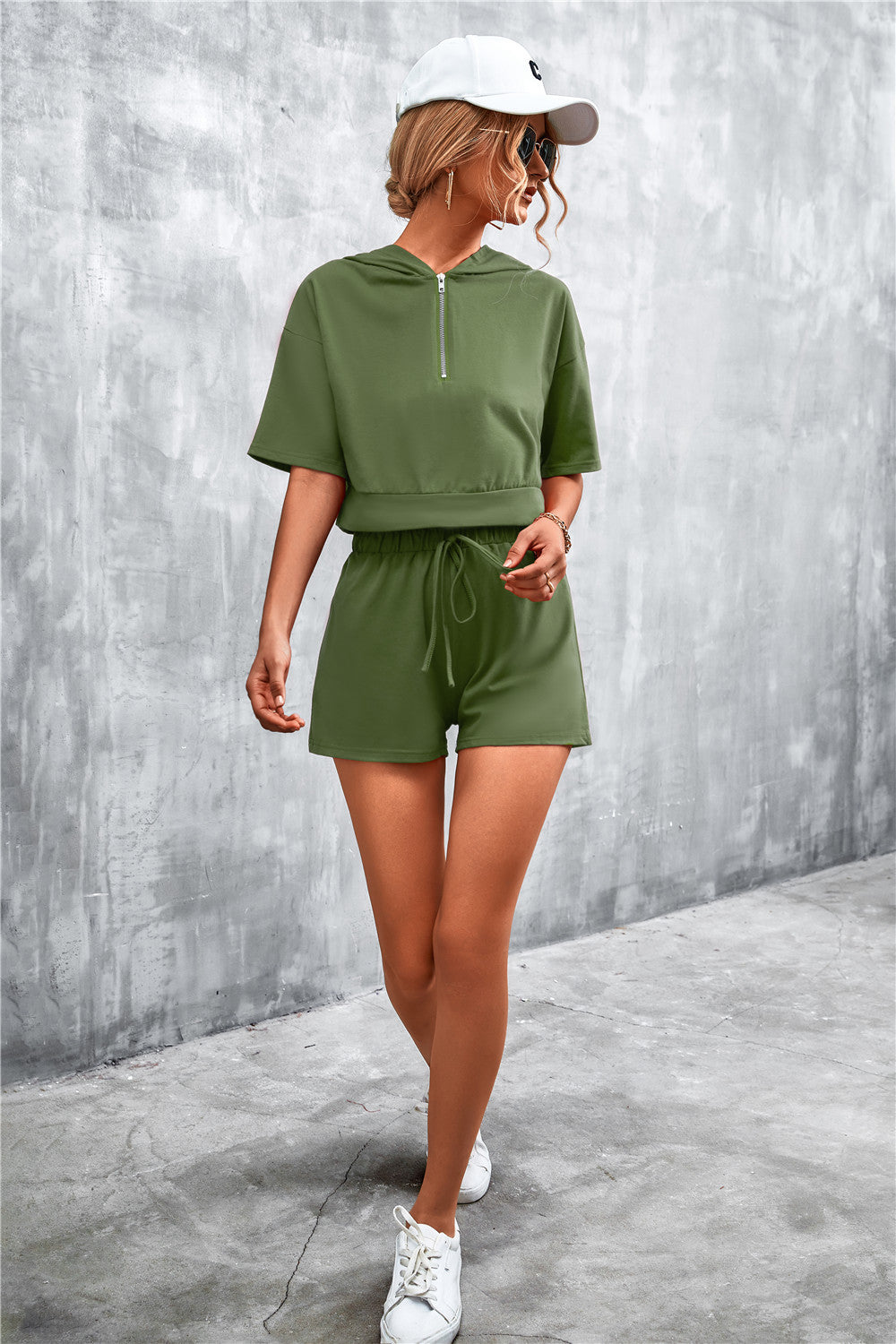 Half Zip Cropped Hooded T-Shirt and Shorts Set  Outfit Sets- Doll Fits