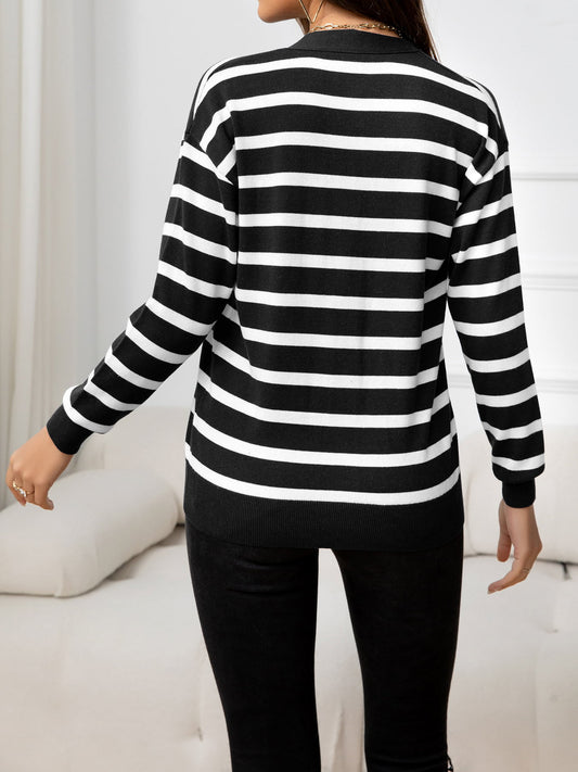 Striped Dropped Shoulder V-Neck Knit Top  - Doll Fits