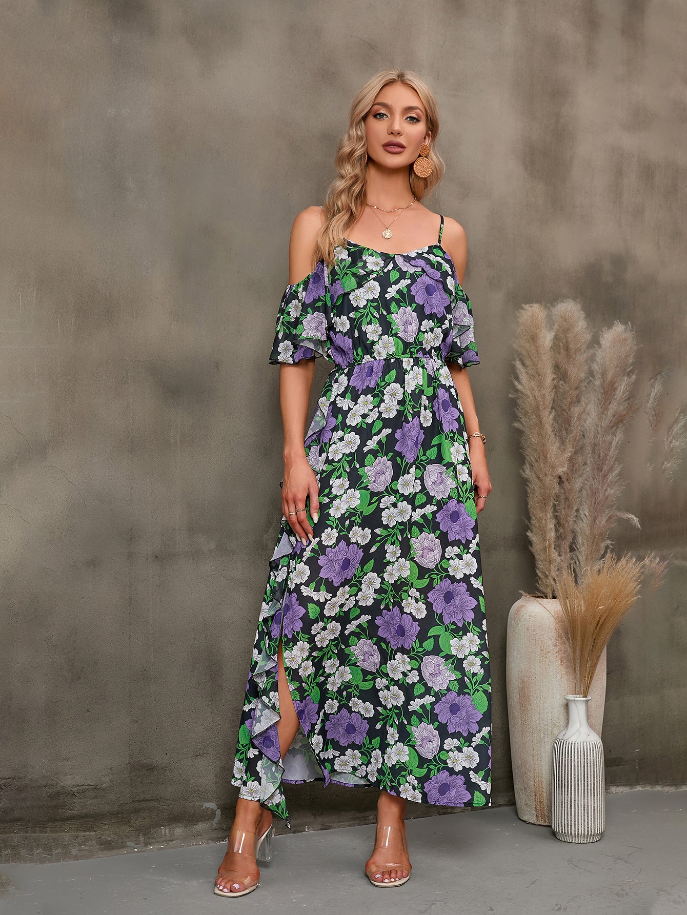 Floral Spaghetti Strap Cold-Shoulder Slit Maxi Dress  Dresses- Doll Fits