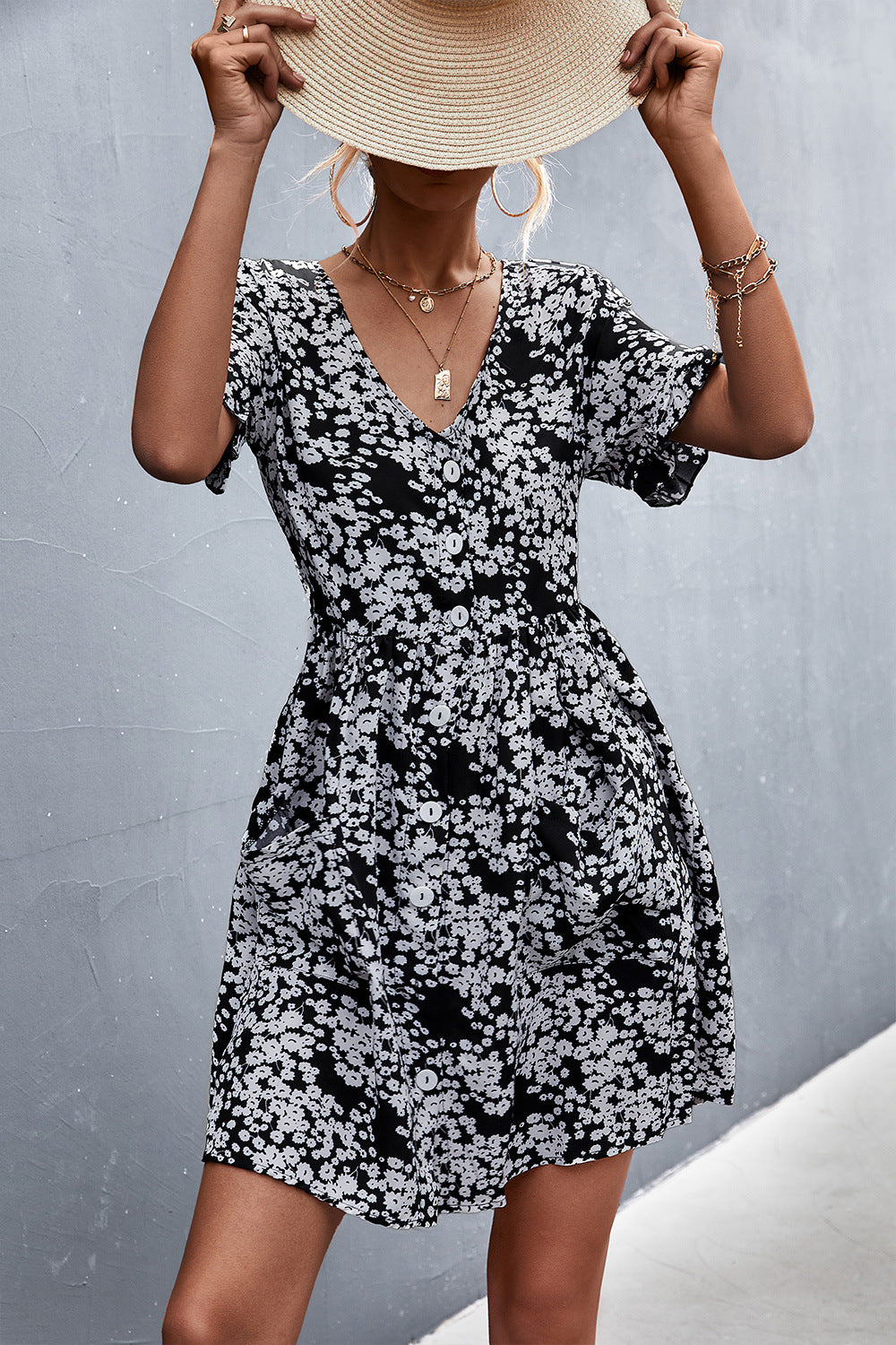 Printed Button down Pocketed Dress  Dresses- Doll Fits