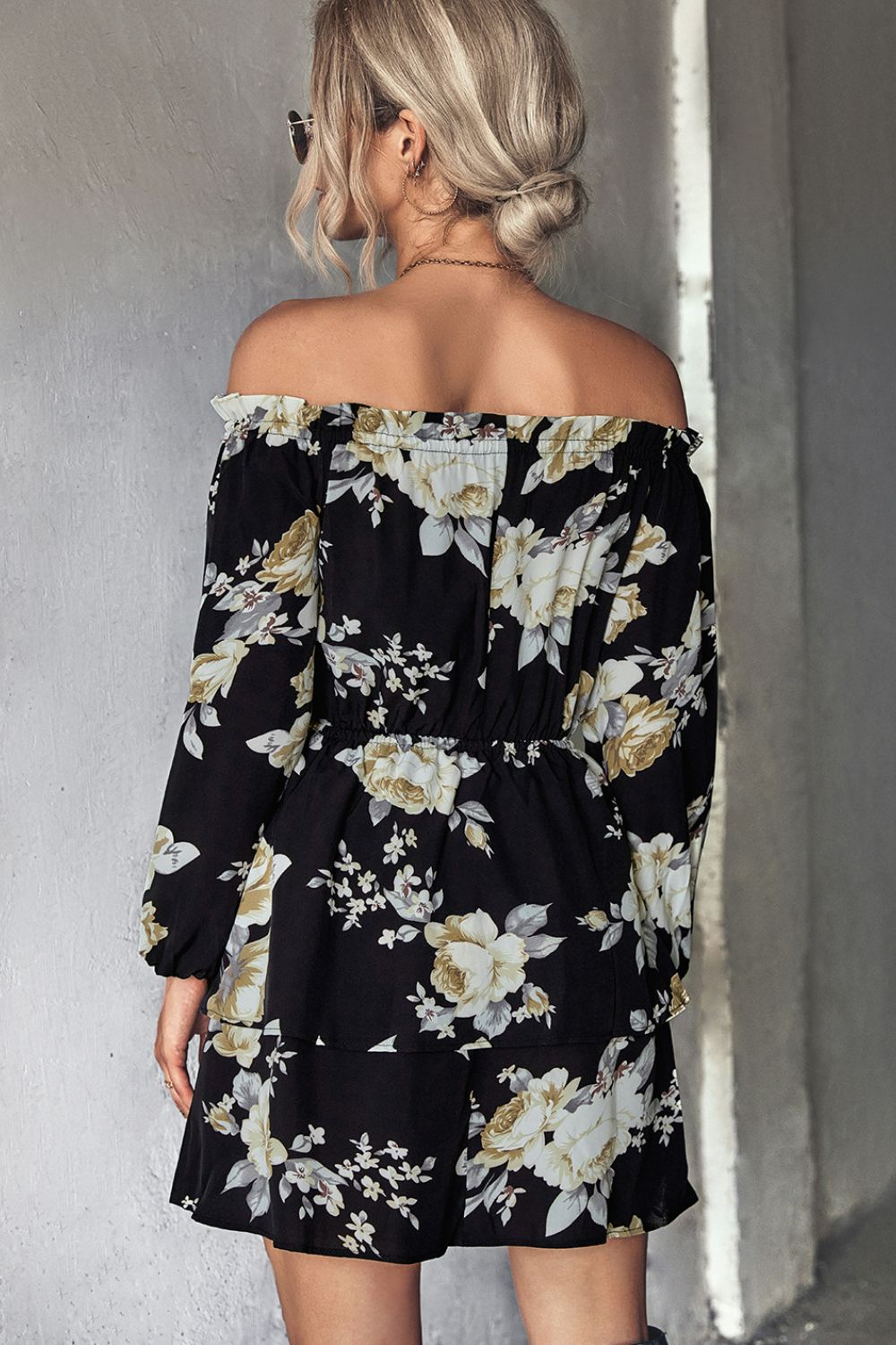 Floral Off-Shoulder Layered Mini Dress  Dresses- Doll Fits