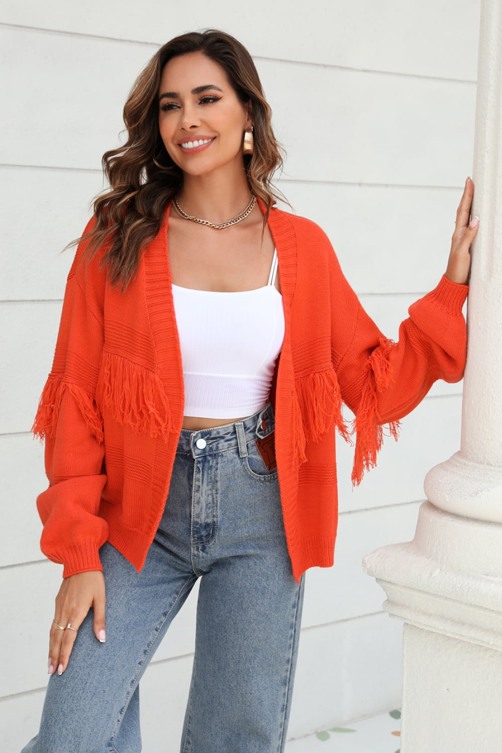 Double Take Fringe Trim Open Front Cardigan  - Doll Fits