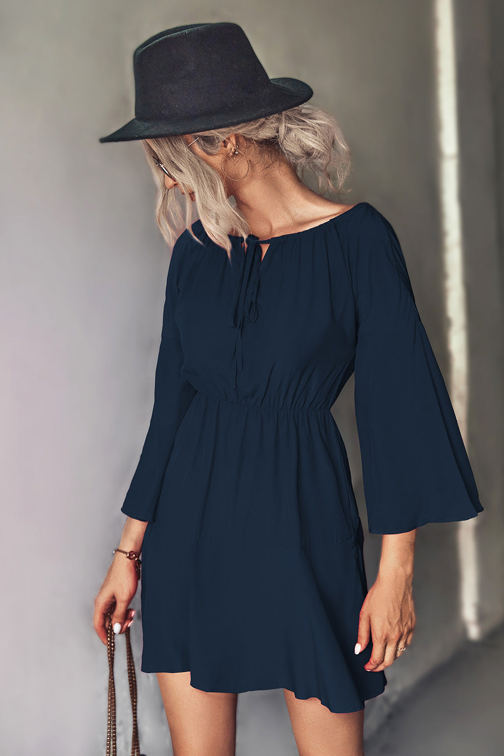 Tie Neck Flare Sleeve Mini Dress  Dresses- Doll Fits