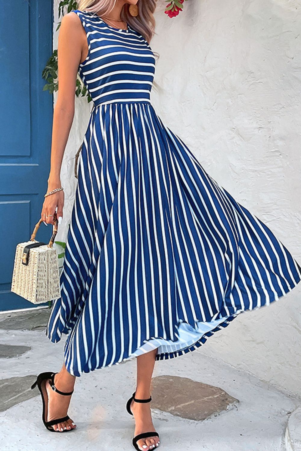 Striped Round Neck Sleeveless Dress with Pockets  Dresses- Doll Fits